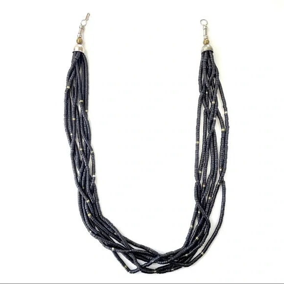 Vintage 1970s Coconut Shell Bead Black & Metallic Necklace - Picture 7 of 12